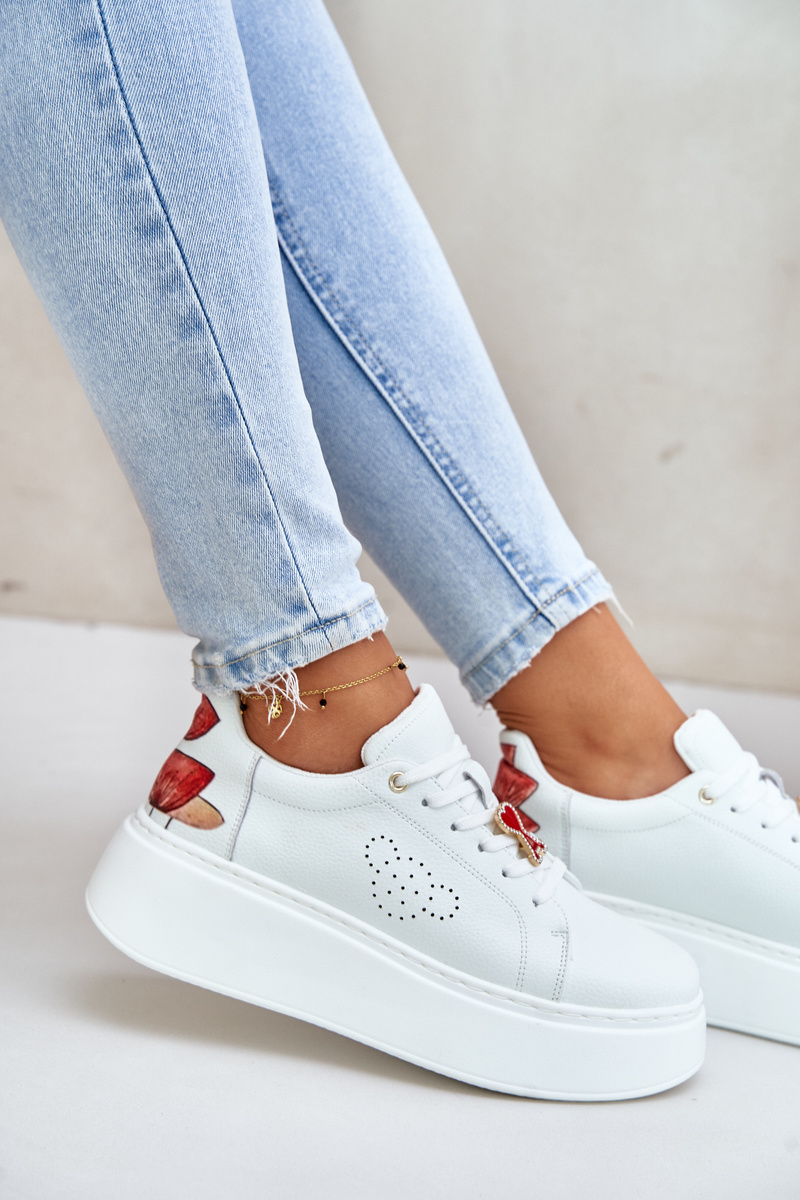 Women's Leather Platform Sneakers With Brooch And Decorative Flower White