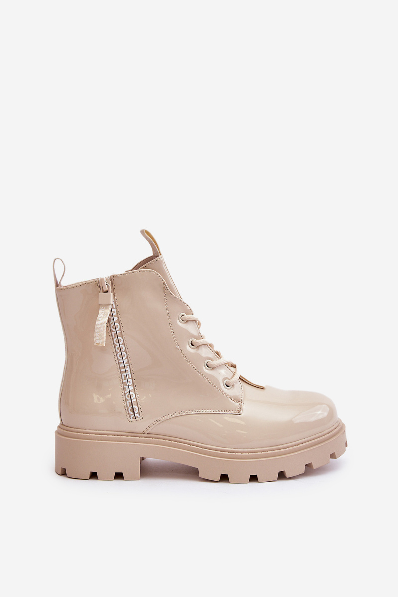 Patent Leather Ankle Boots Worker Women's Insulated with Beige Zinfreya Inscriptions