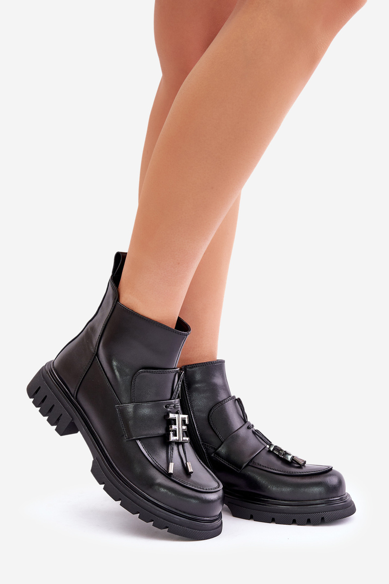 Leather ankle boots on a flat heel with a black insulated black Asperra decoration