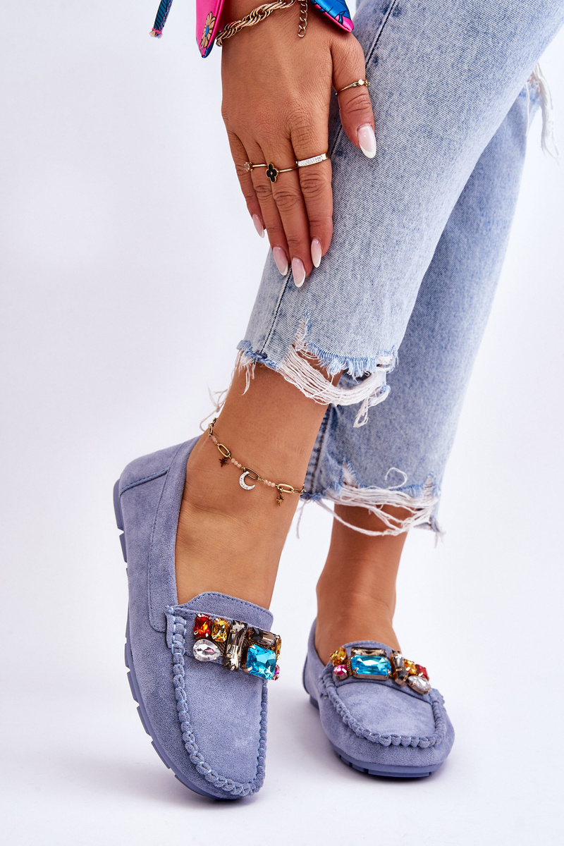 Women&#039;s suede loafers with crystals Blue Lucille