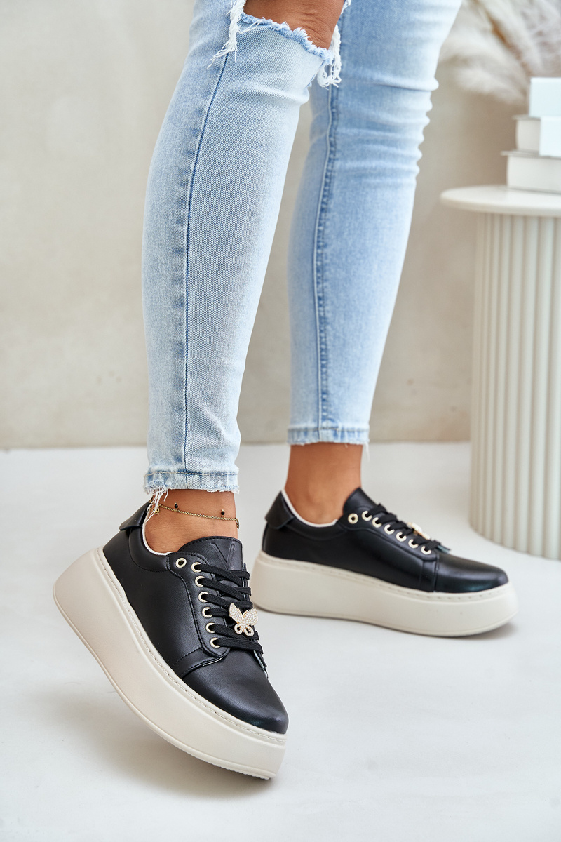 Women's leather platform sneakers with Vinceza brooch black