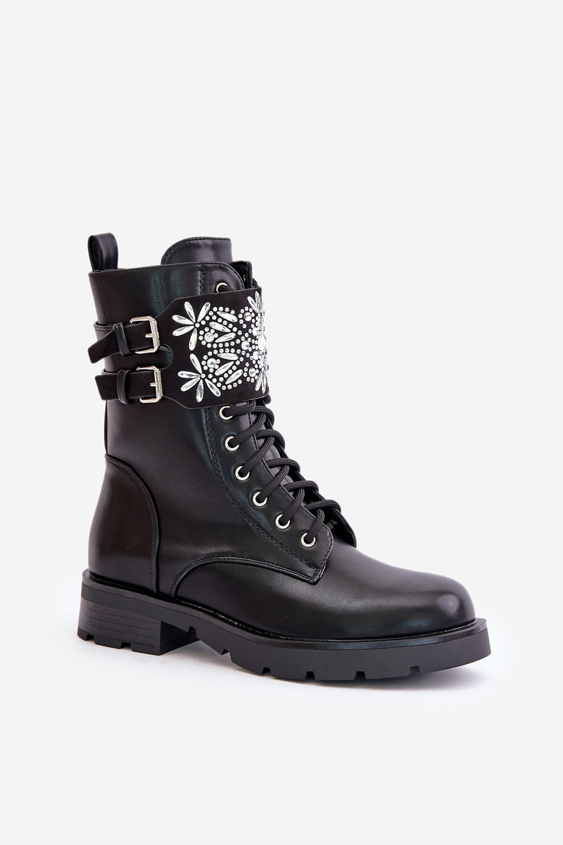 Insulated Workers Ankle Boots With Decorative Strap And Buckles Black Viveria