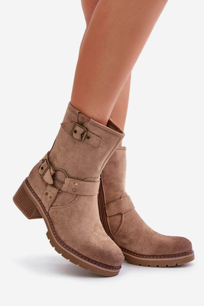 Women&#039;s ankle boots on a low heel with buckles dark beige Zudra