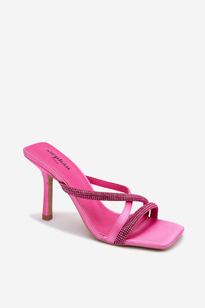 Dámske sandále na podpätku s remienkami a kamienkami Fuchsia