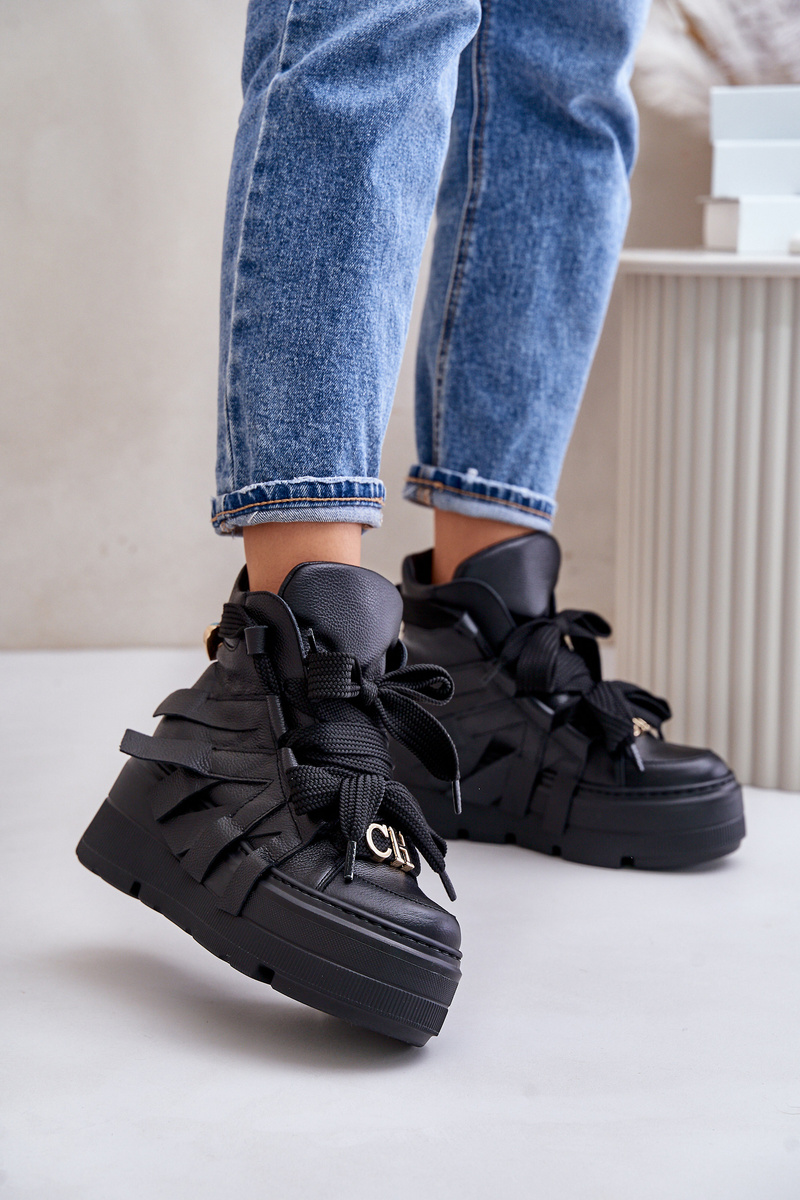 Kožené Dámske Sneakersy Na Masívnej Platforme CheBello 4561 Čierne