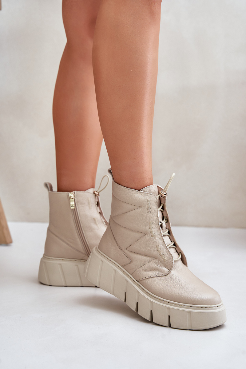 Zazoo Leather Ankle Boots On Platform And Wedge Beige