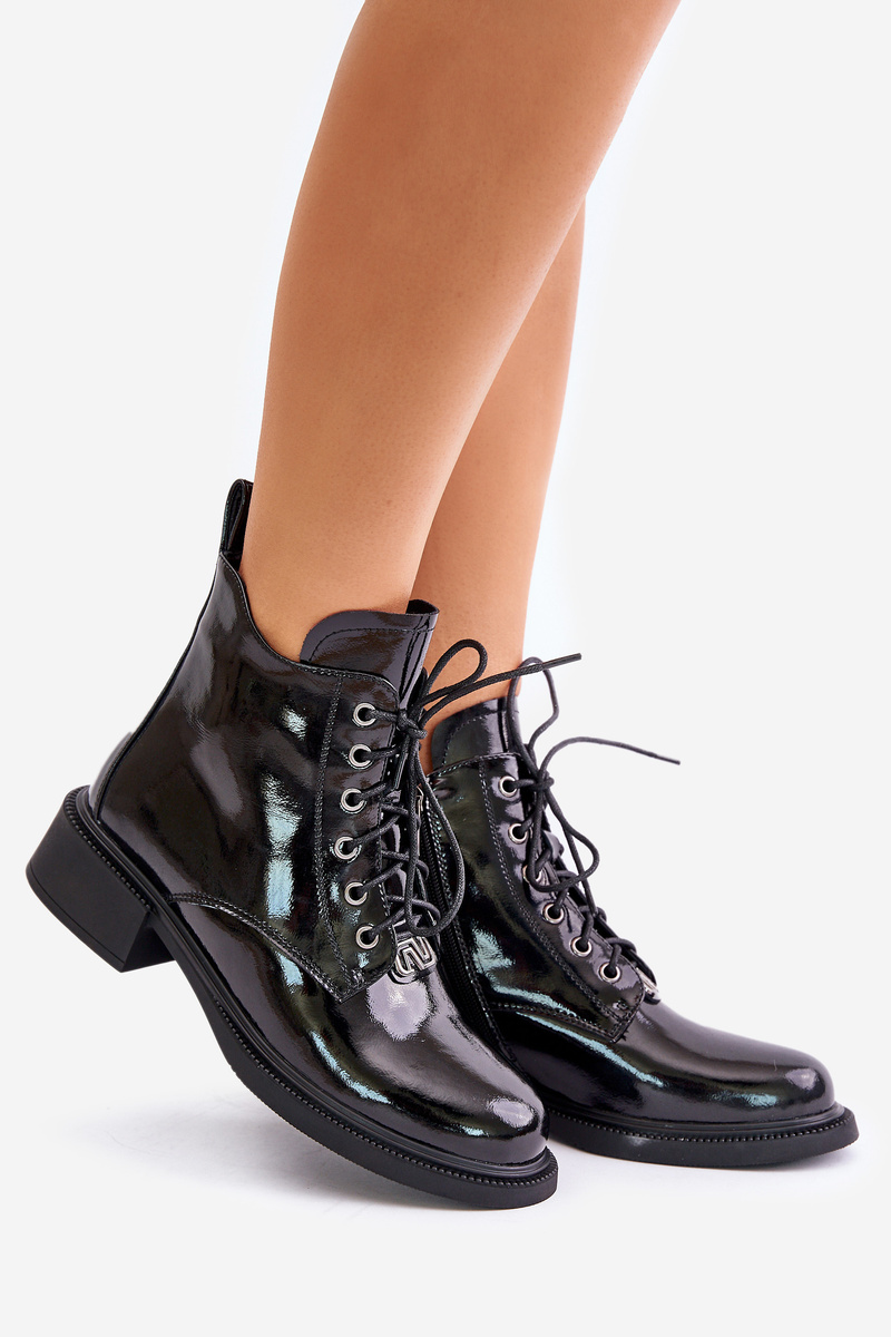 Black lacquered leather ankle boots with Bellani lining