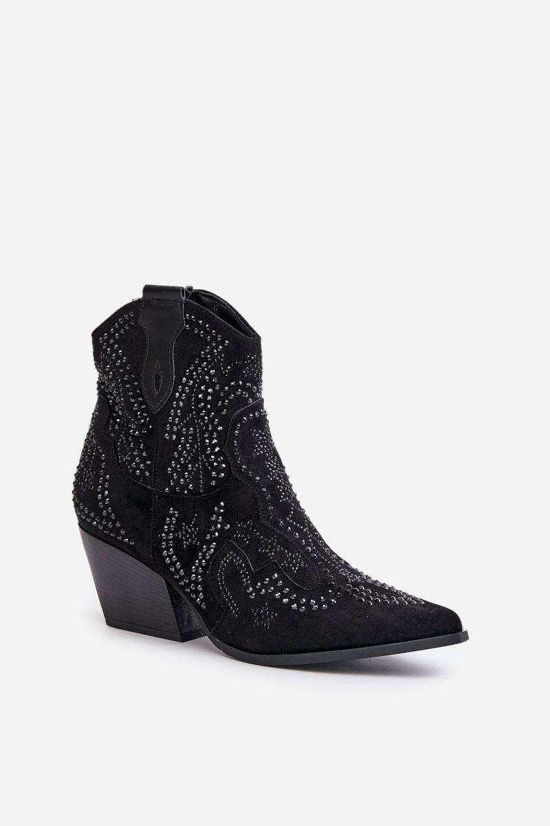 Decorated Ankle Cowboy Boots Heeled Black Kaivina