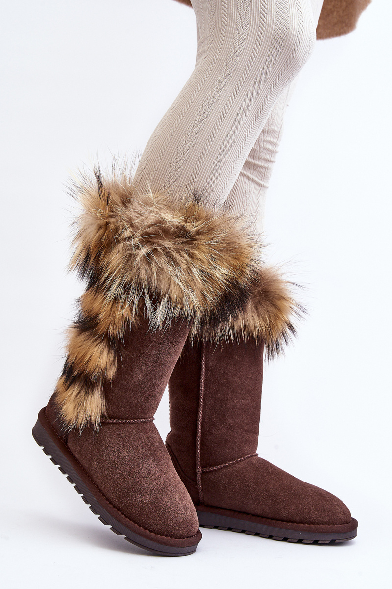 Marka Niezdefiniowana Women's Snow Boots With Fur Leather Suede Brown Balvin