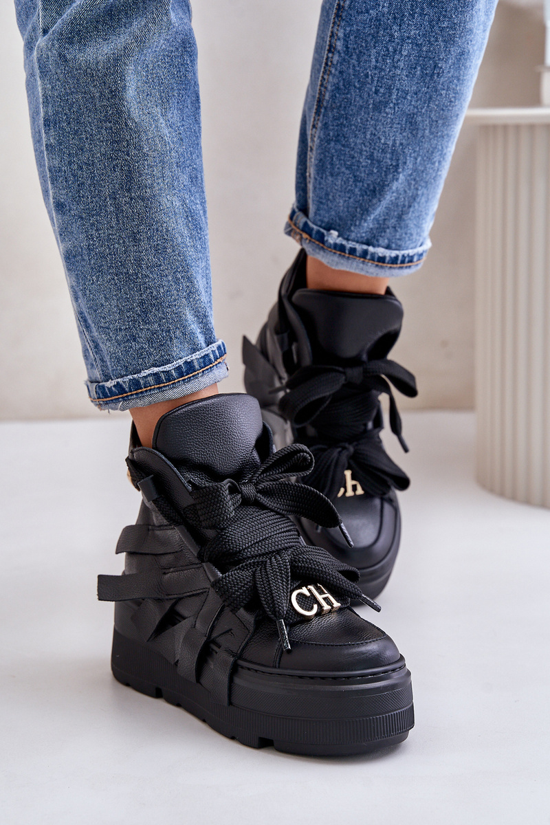 Kožené Dámske Sneakersy Na Masívnej Platforme CheBello 4561 Čierne