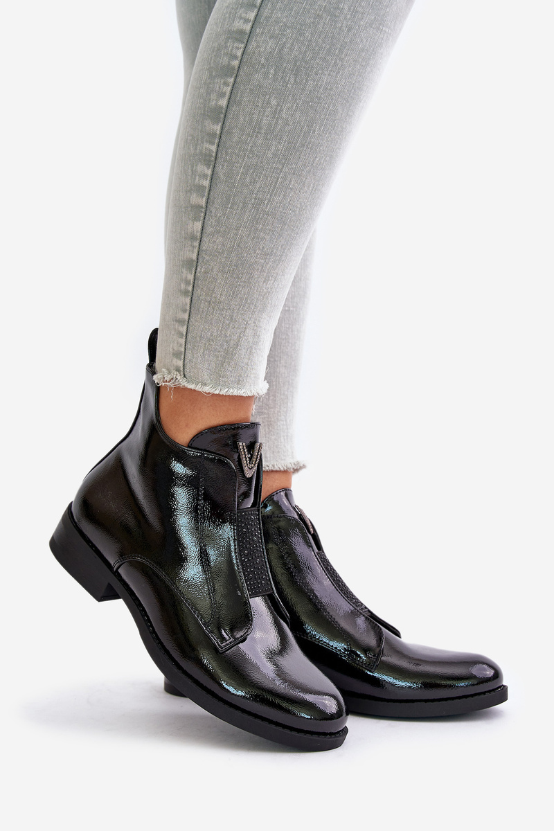 Patent leather women's ankle boots with a flat heel insulated black S.Barski black