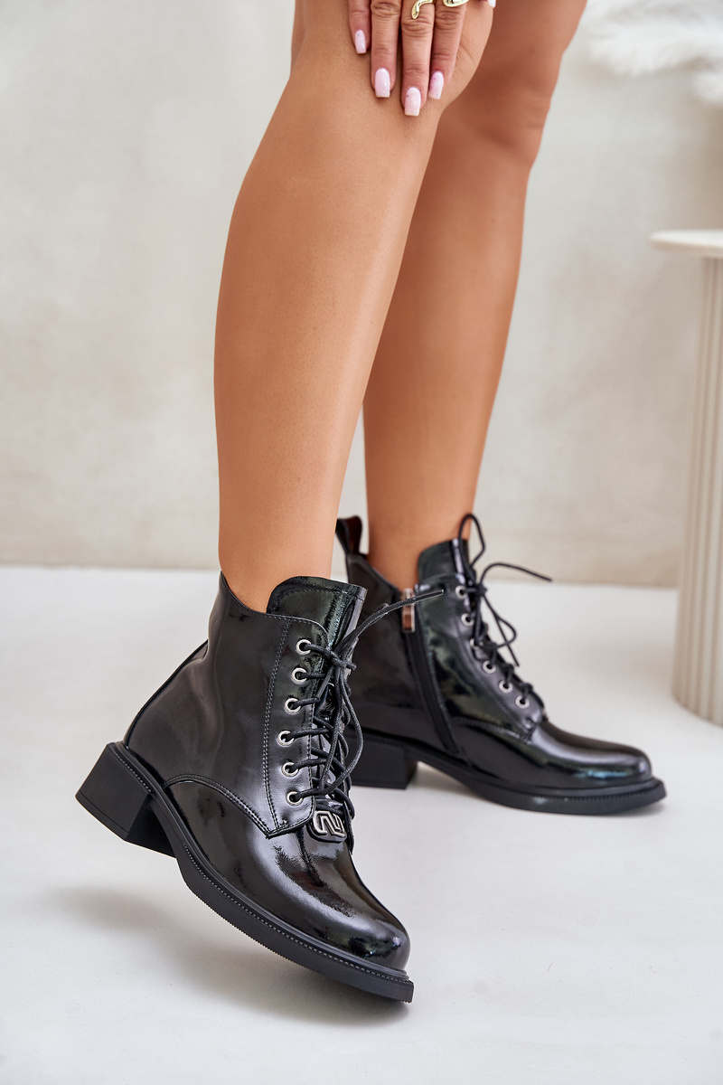 Black lacquered leather ankle boots with Bellani lining