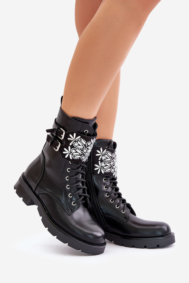 Insulated Workers Ankle Boots With Decorative Strap And Buckles Black Viveria