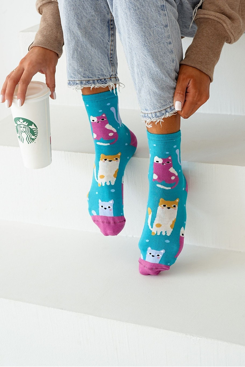 Milena Women's Socks Colorful Cats And Dots Turquoise