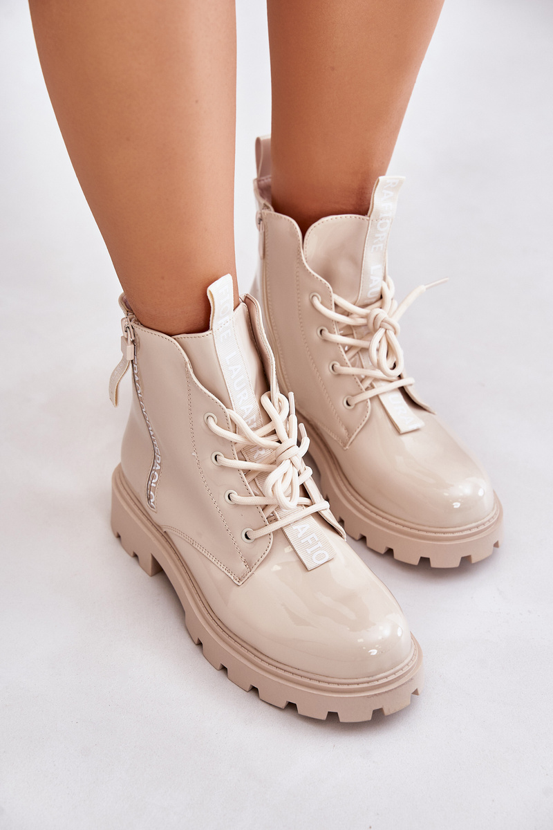 Patent Leather Ankle Boots Worker Women's Insulated with Beige Zinfreya Inscriptions