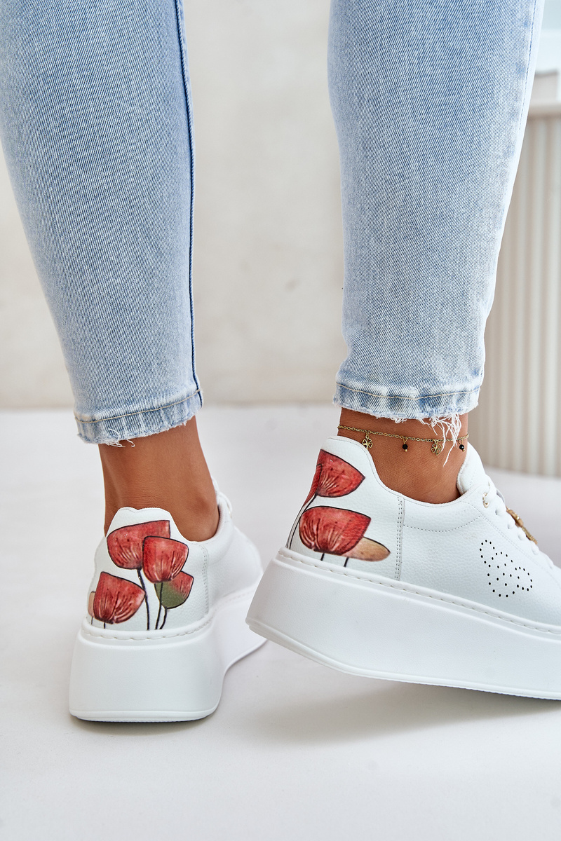 Women's Leather Platform Sneakers With Brooch And Decorative Flower White