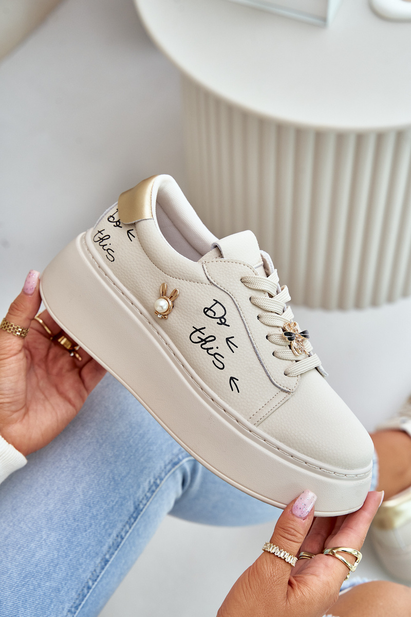 Women's Leather Platform Sneakers With Badges And Vinceza Beige Inscription