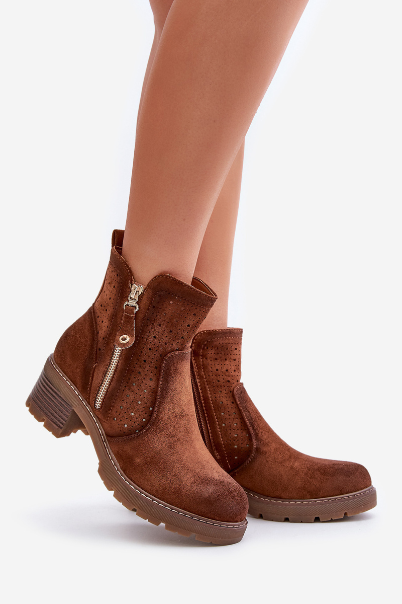 Women's ankle boots with lace pattern on heel brown Oviria
