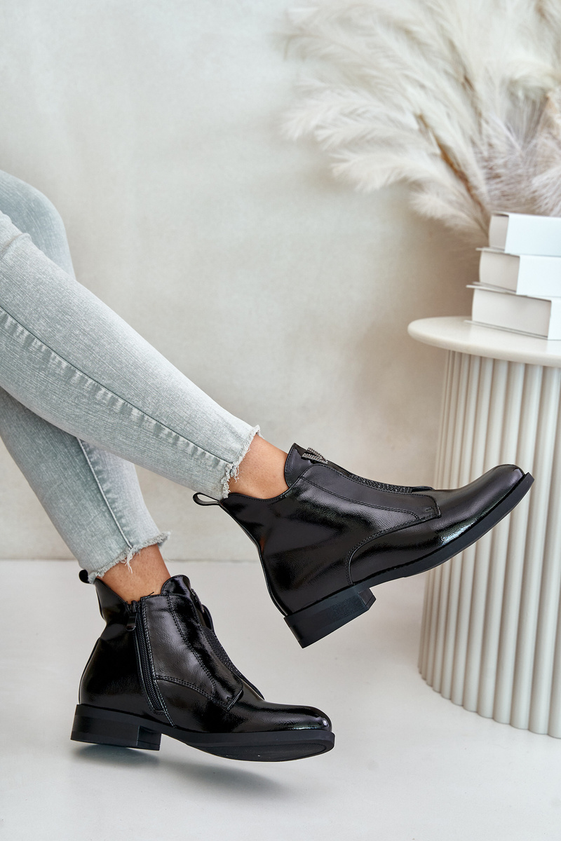 Patent leather women's ankle boots with a flat heel insulated black S.Barski black