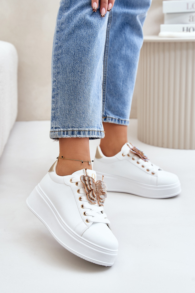 Women's platform sneakers with a butterfly white-gold Naritevia