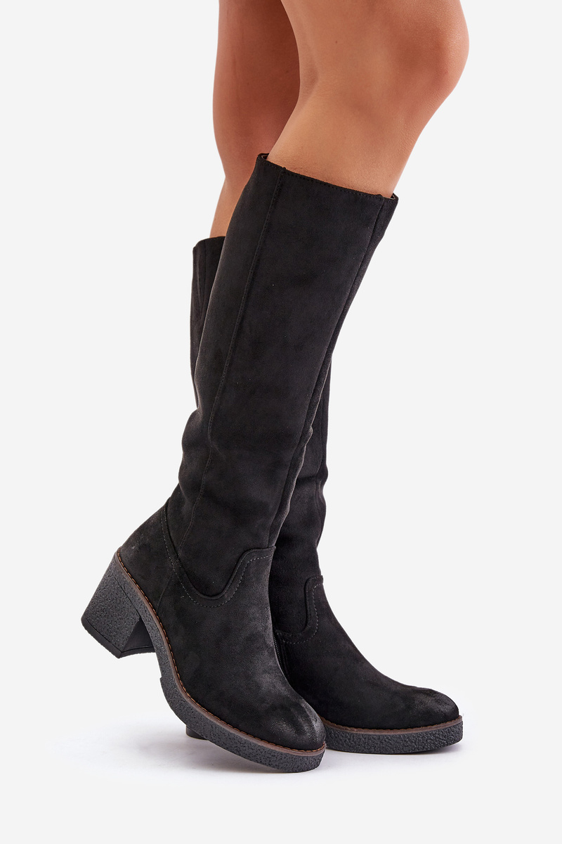 Insulated boots on heel eco suede below the knee black Leamirael