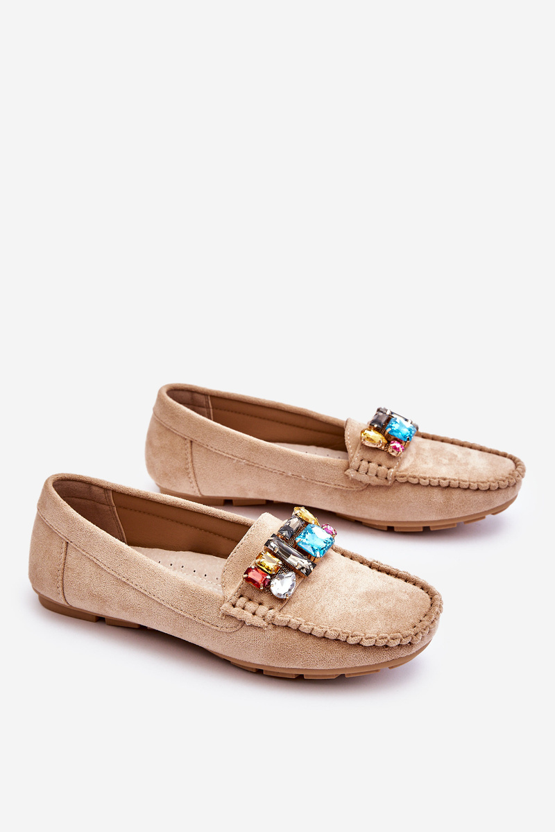 Women&#039;s suede moccasins with crystals Beige Lucille