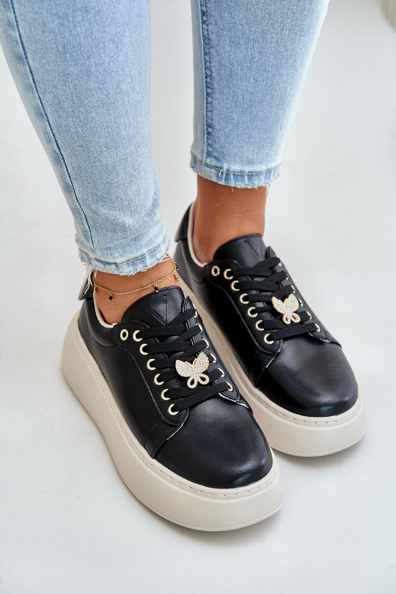 Women's leather platform sneakers with Vinceza brooch black