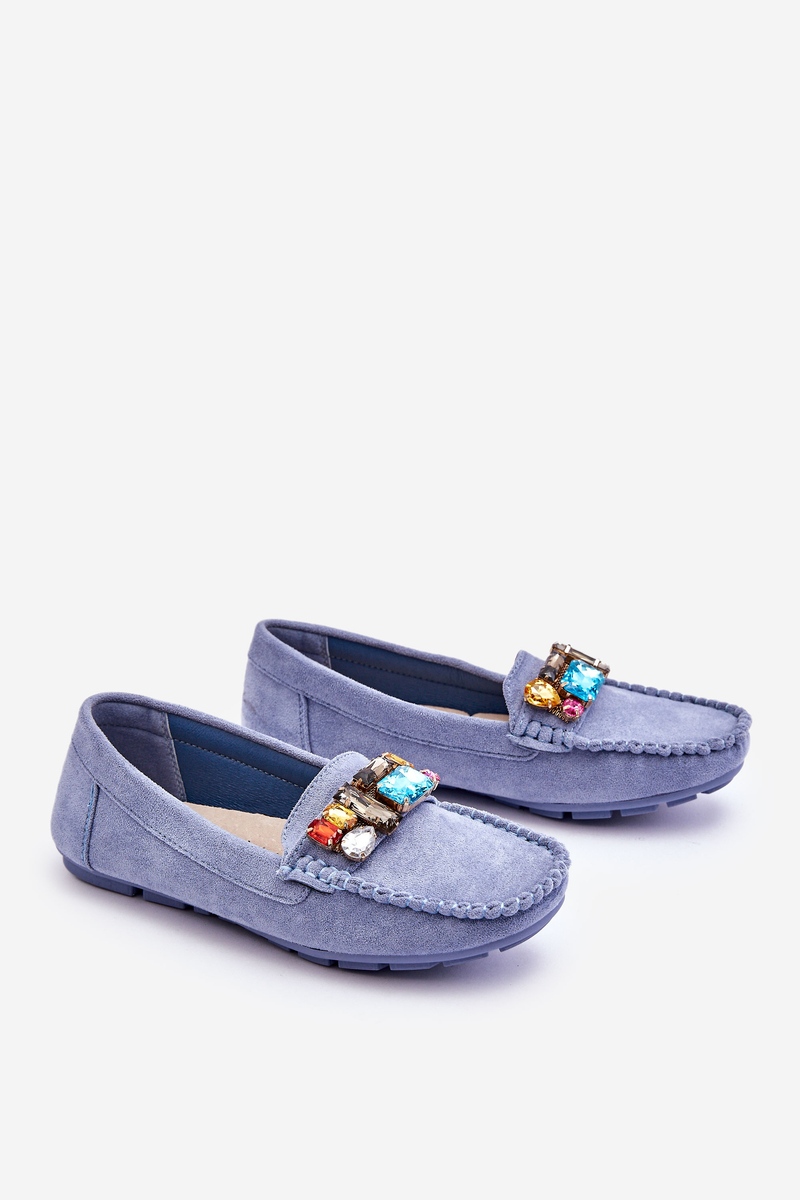 Women&#039;s suede loafers with crystals Blue Lucille