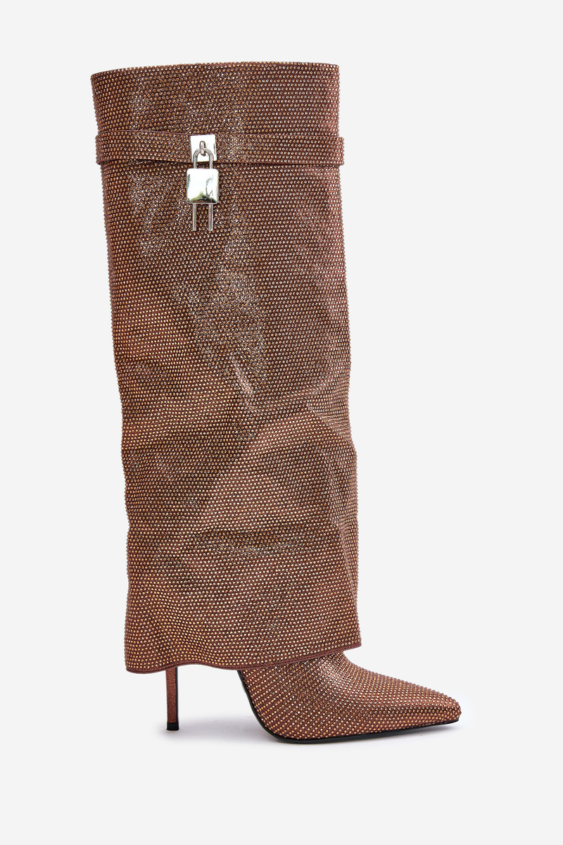 Embellished stiletto heel slip-on boots with a bent upper brown Enathlin
