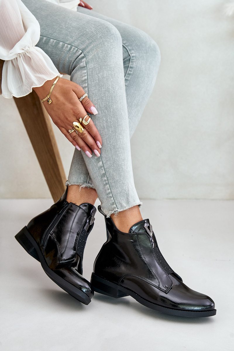 Patent leather women's ankle boots with a flat heel insulated black S.Barski black