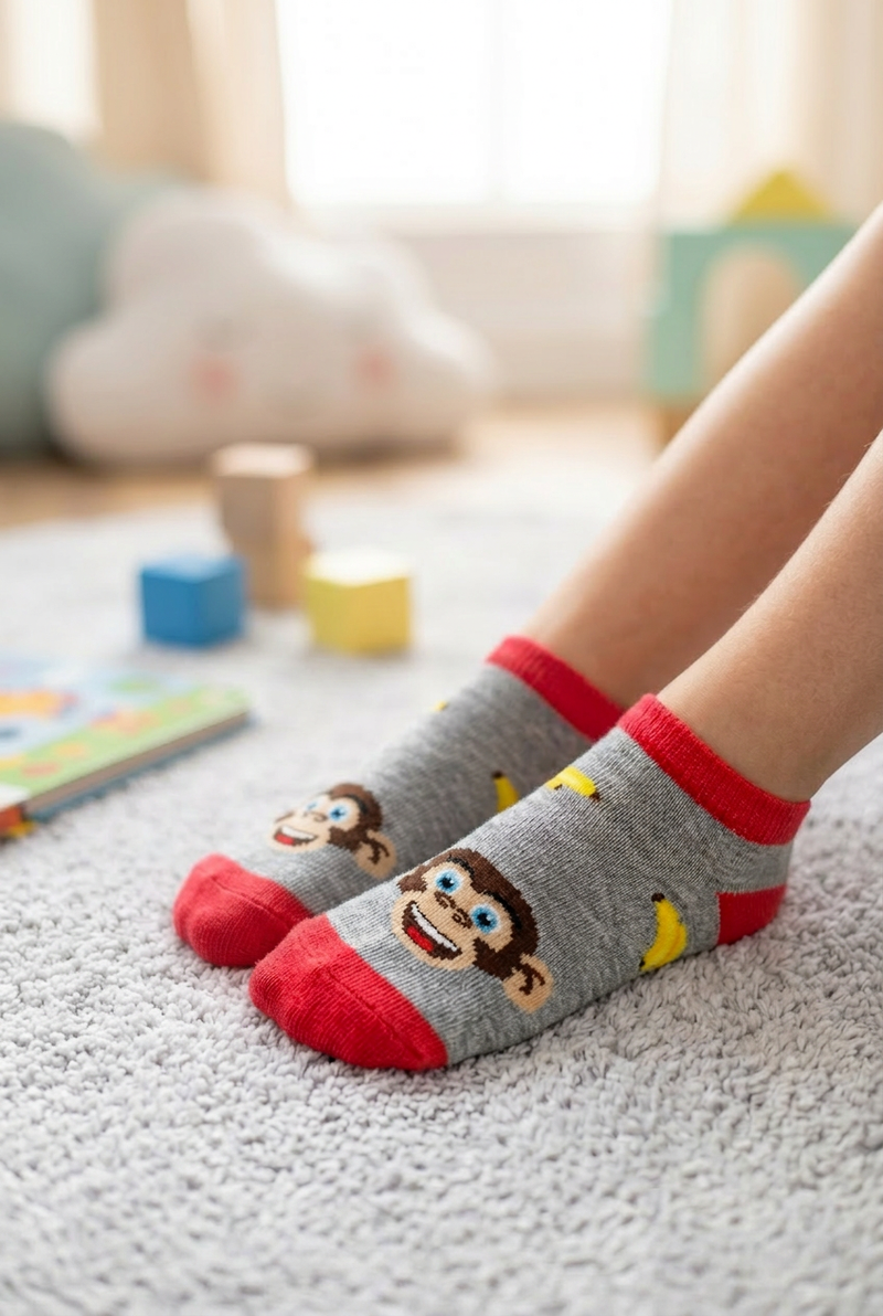 Детски сиви чорапи до глезена с маймунки и банани