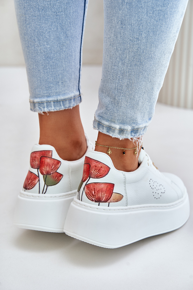 Women's Leather Platform Sneakers With Brooch And Decorative Flower White