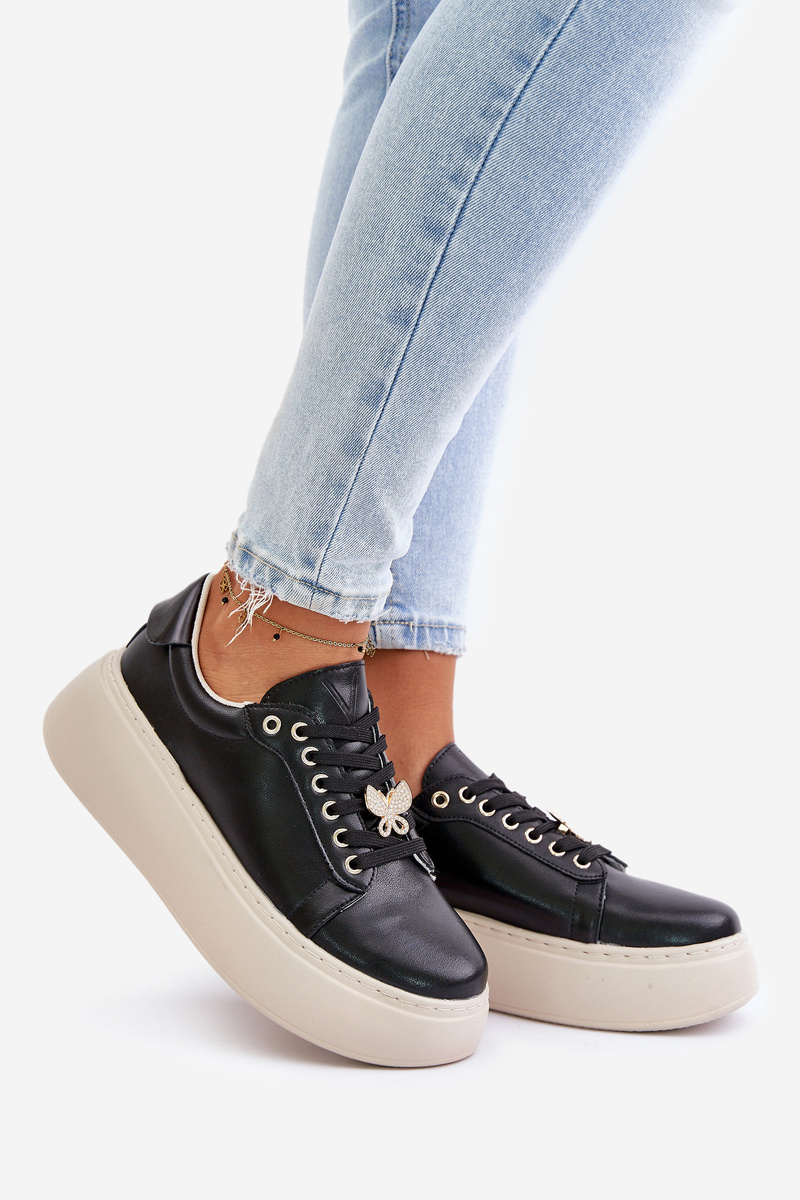 Women's leather platform sneakers with Vinceza brooch black