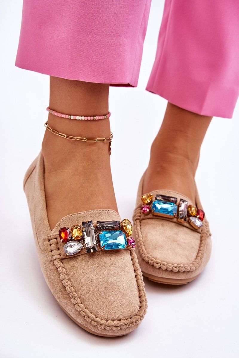 Women&#039;s suede moccasins with crystals Beige Lucille