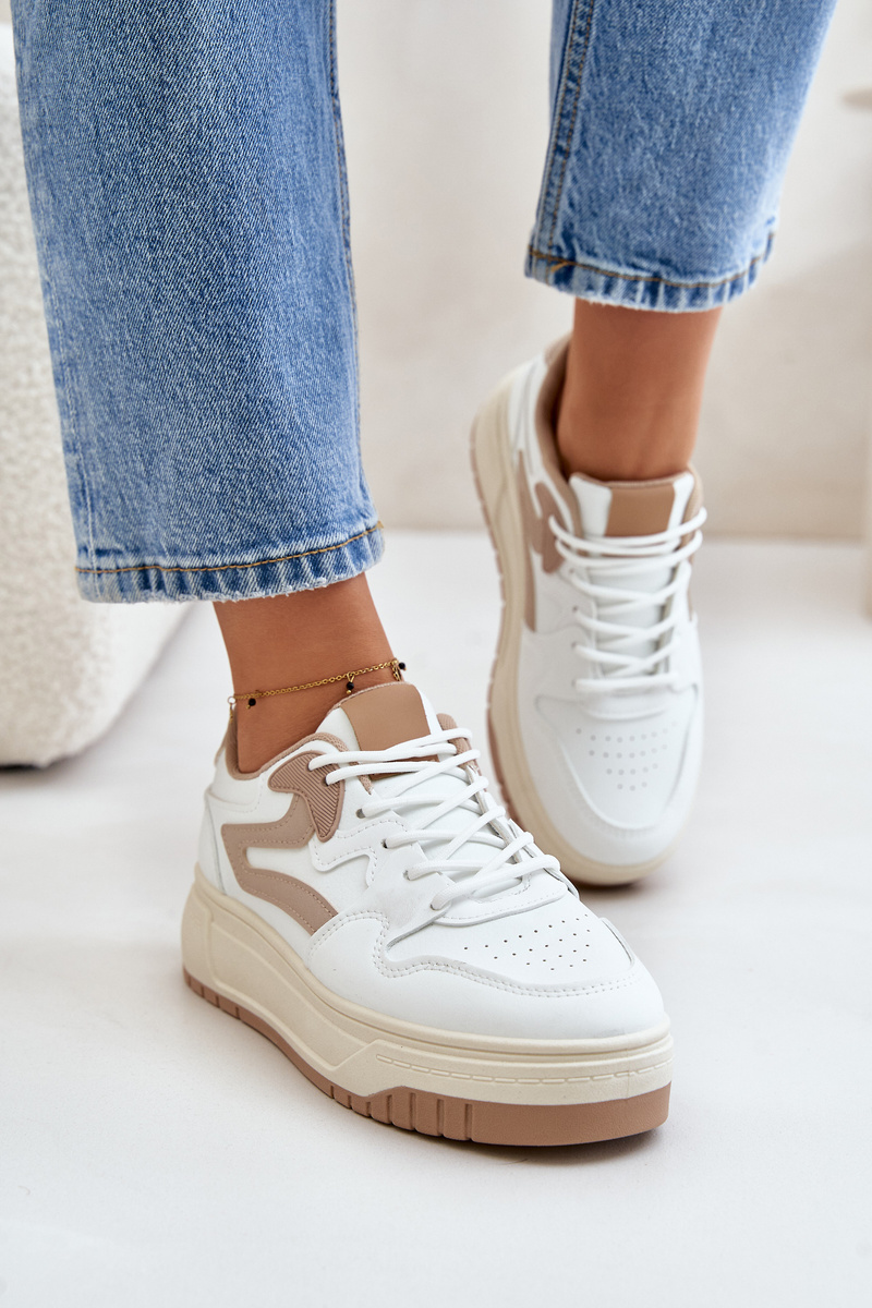 Women's sneakers made of eco-leather on a white-beige platform Henizore