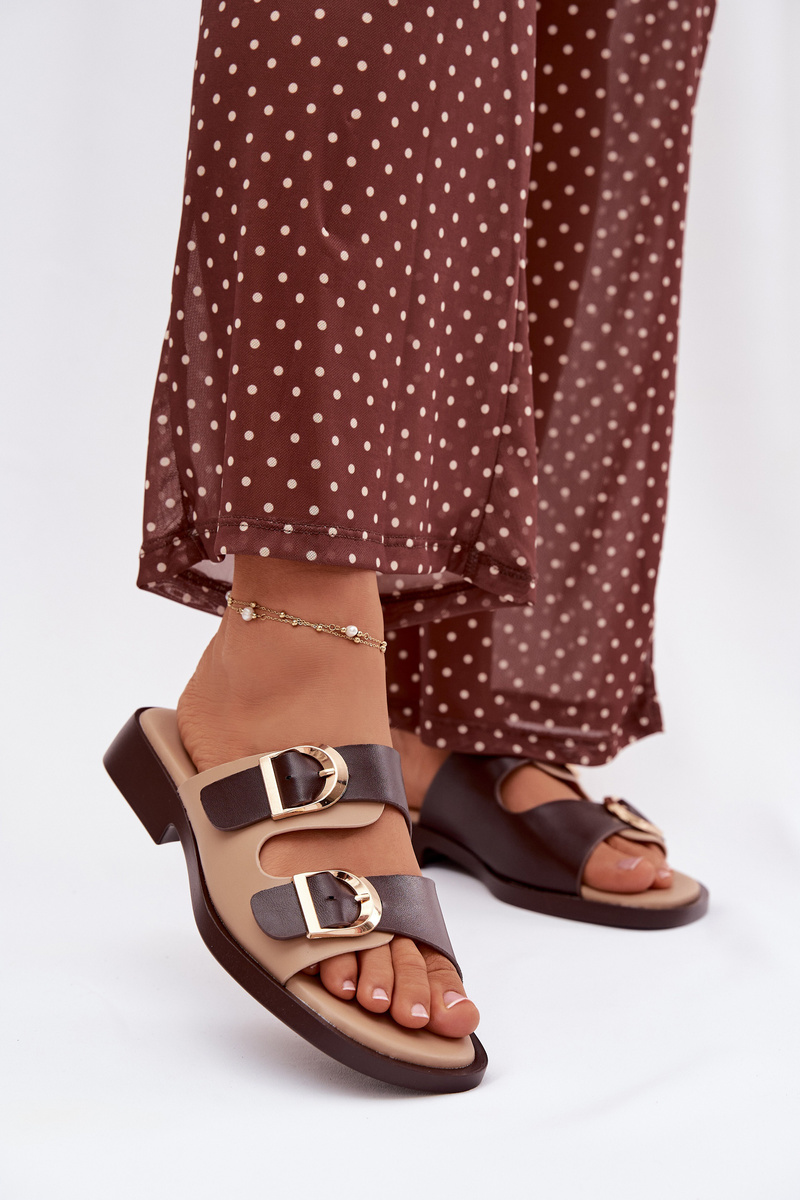 Dámské pantofle s přezkami béžovo-hnědé