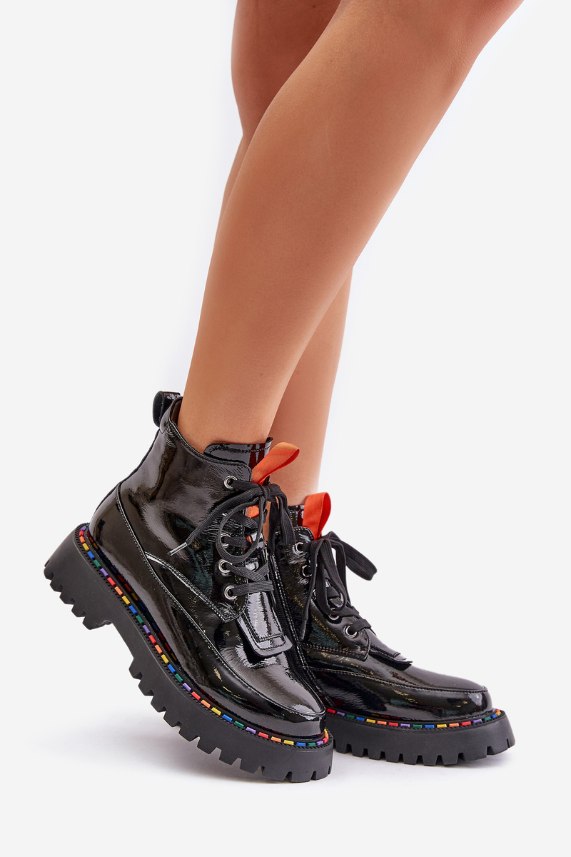 Leather patent leather ankle boots Workers with zip black Anafra