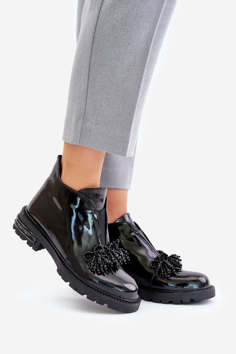 Leather patent leather ankle boots with decoration insulated D&amp;A black