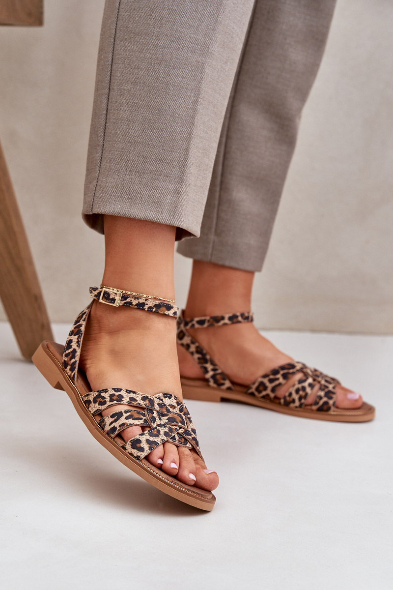 Lewski Shoes Kožené Dámske Sandále Na Plochéj Pätke Leopardí Zazoo 3688 Hnedé