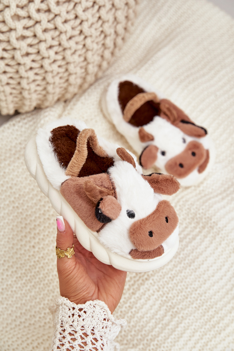 FK1 Children's Furry Slippers With Cow Motif Brown Tamorrin