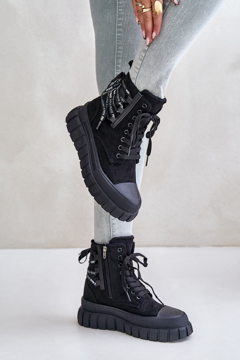 Women's platform ankle boots with decorative lacing black edidda