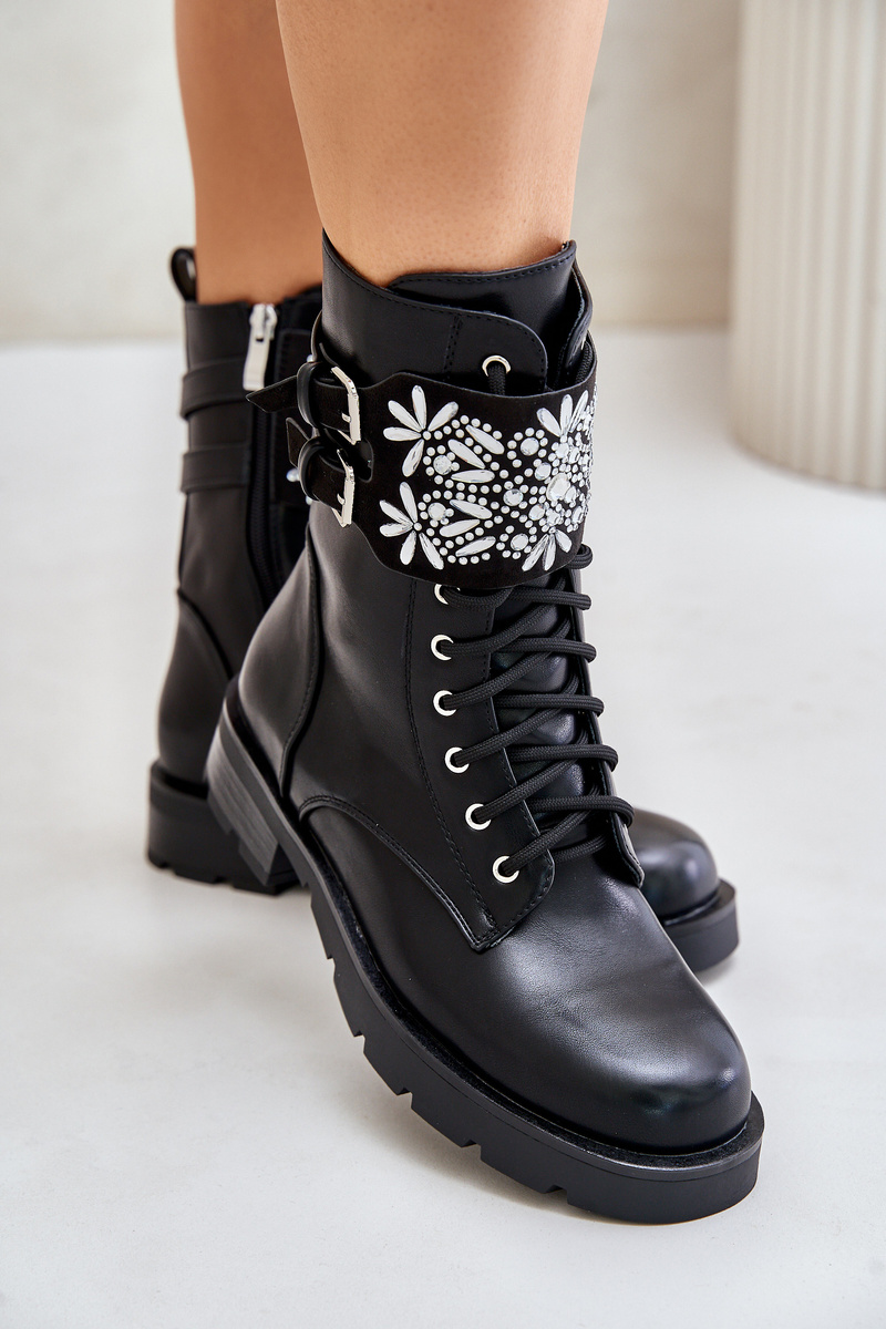 Insulated Workers Ankle Boots With Decorative Strap And Buckles Black Viveria
