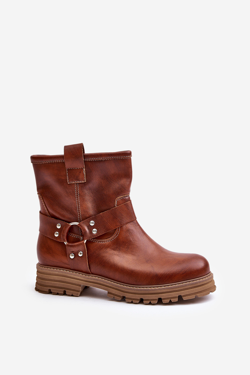 Leather women's ankle boots with flat heel Lewski brown