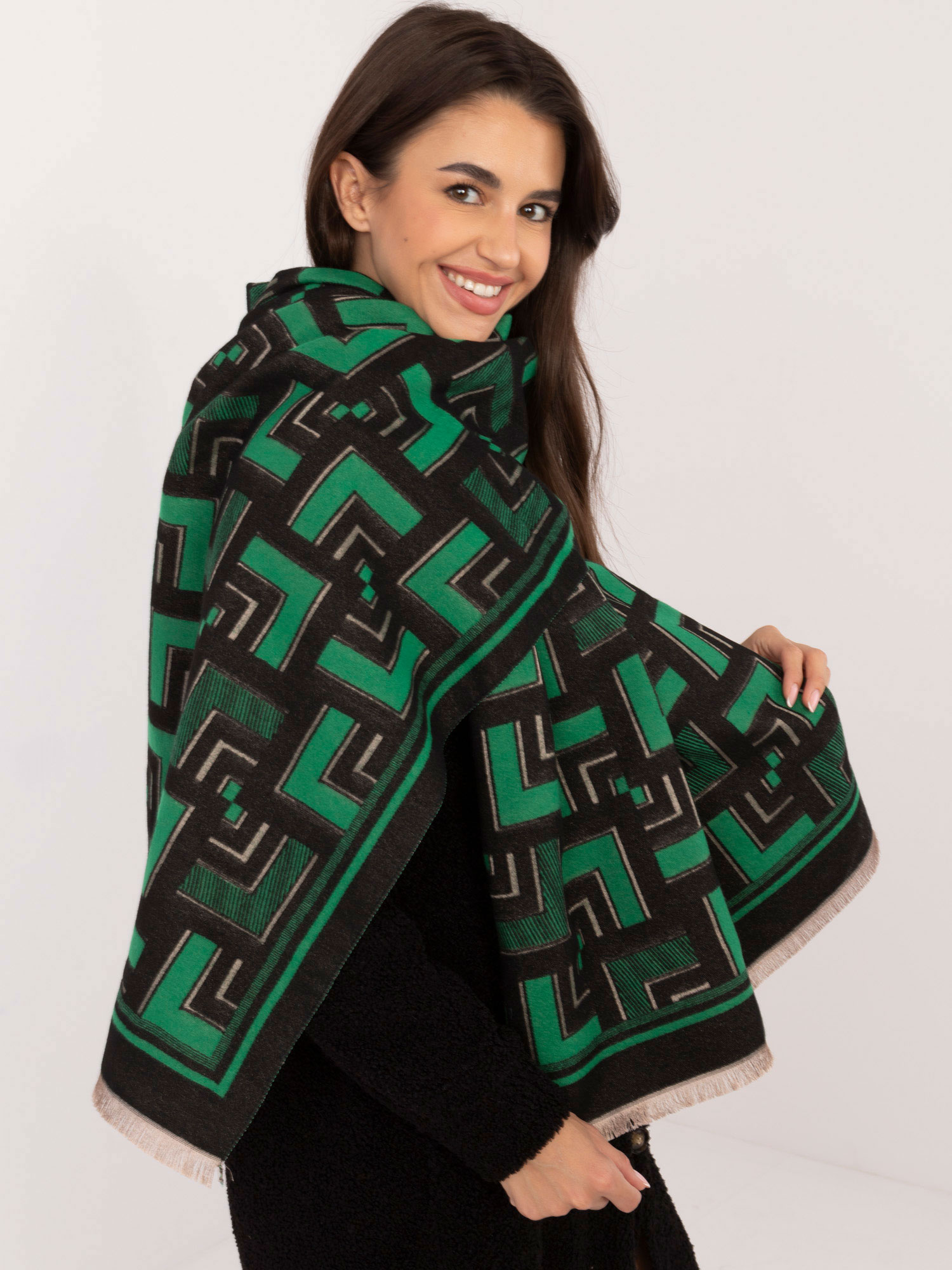 Black And Green Scarf With Geometric Patterns