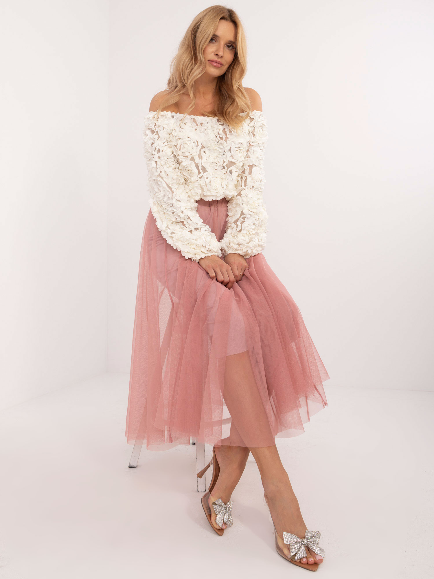 Dark pink flared midi skirt with tulle