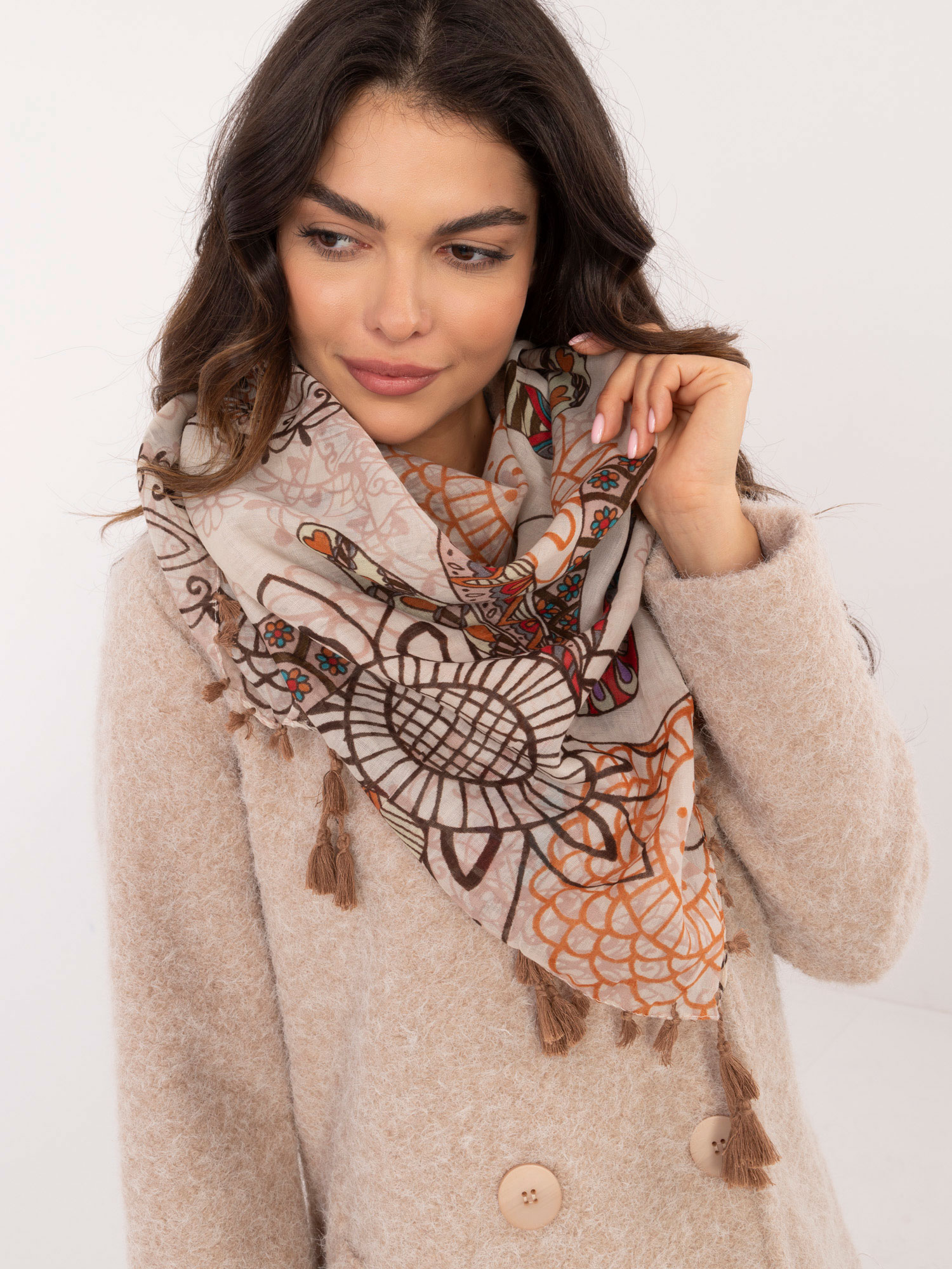 Dark beige and brown women's scarf with patterns