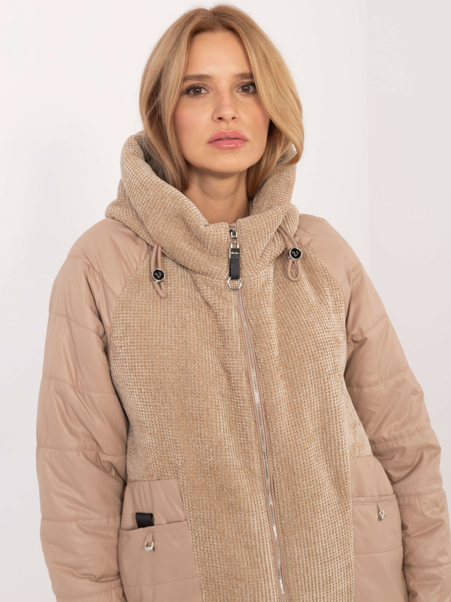 Brown transitional jacket with corduroy inserts