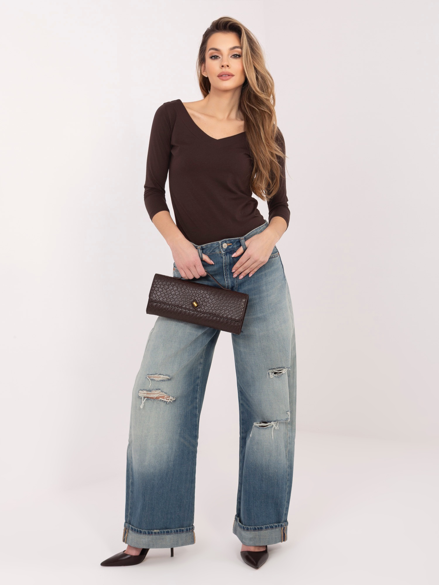 Čokoládová dámská halenka s rukávem 3/4