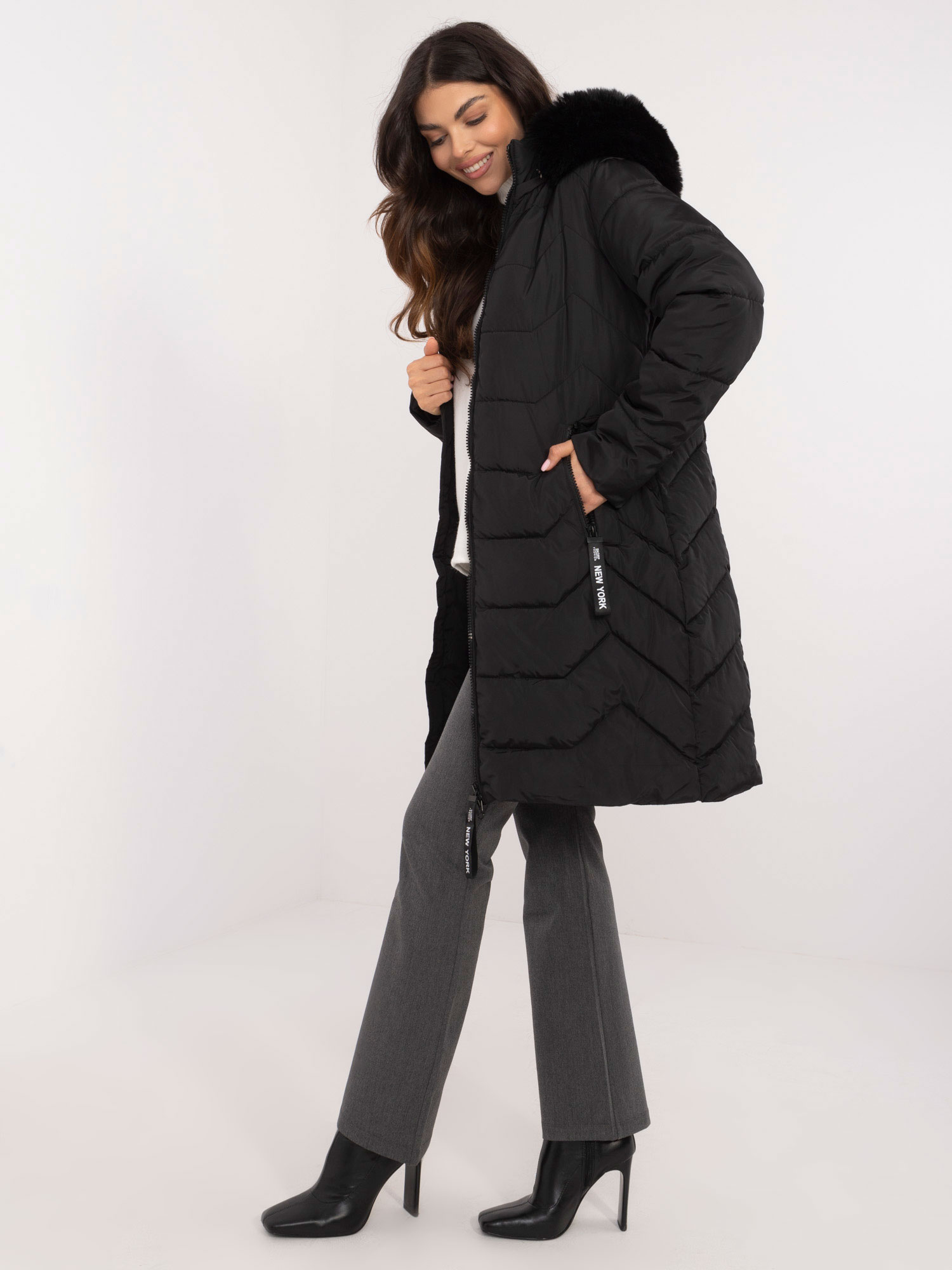 Black down winter jacket with fur