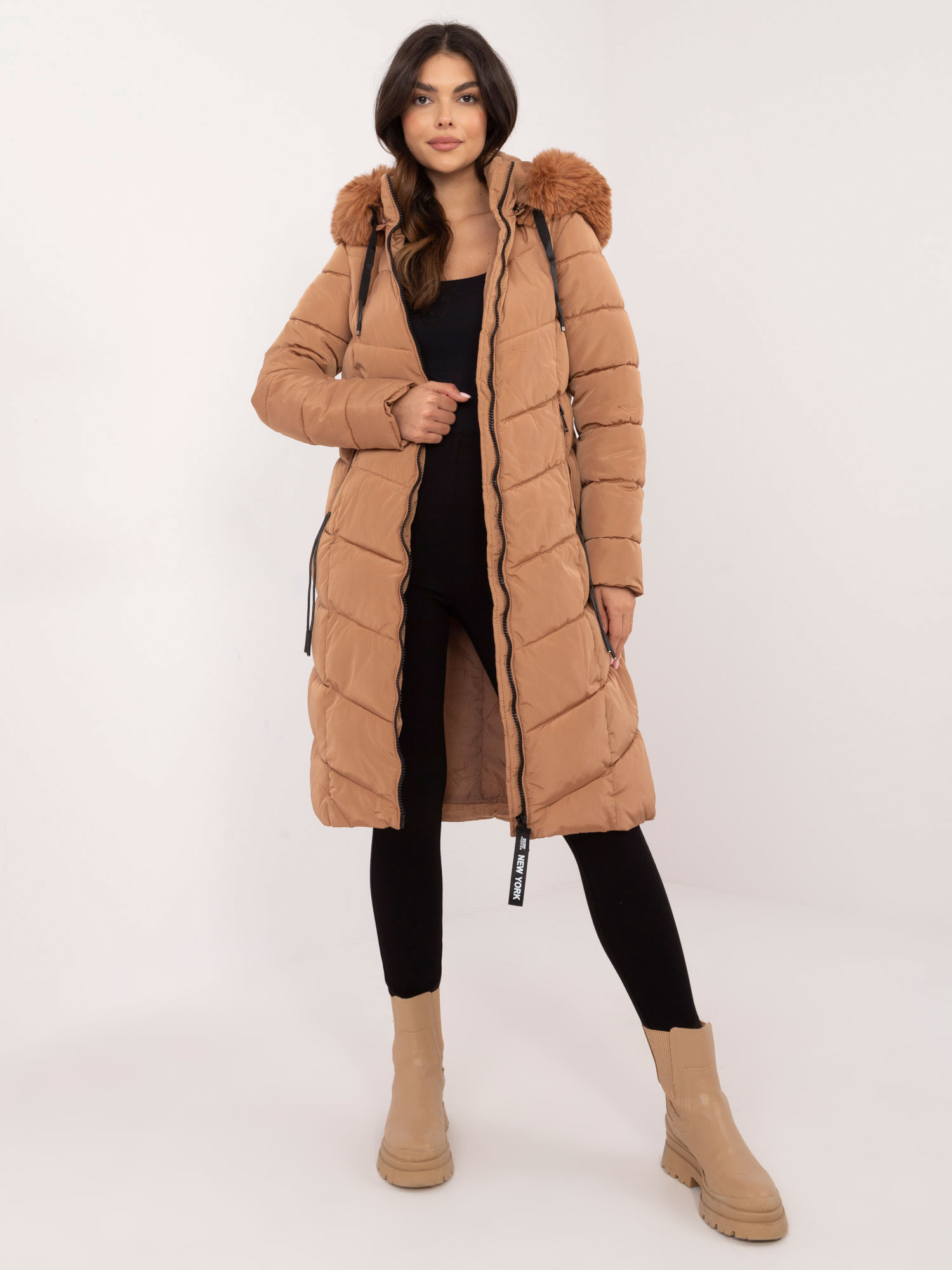 Brown quilted winter jacket with fur